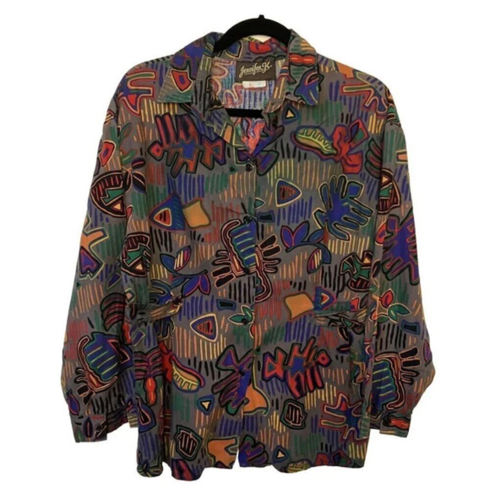 Vintage Jennifer K Abstract Floral All Over Print Button Down Shirt